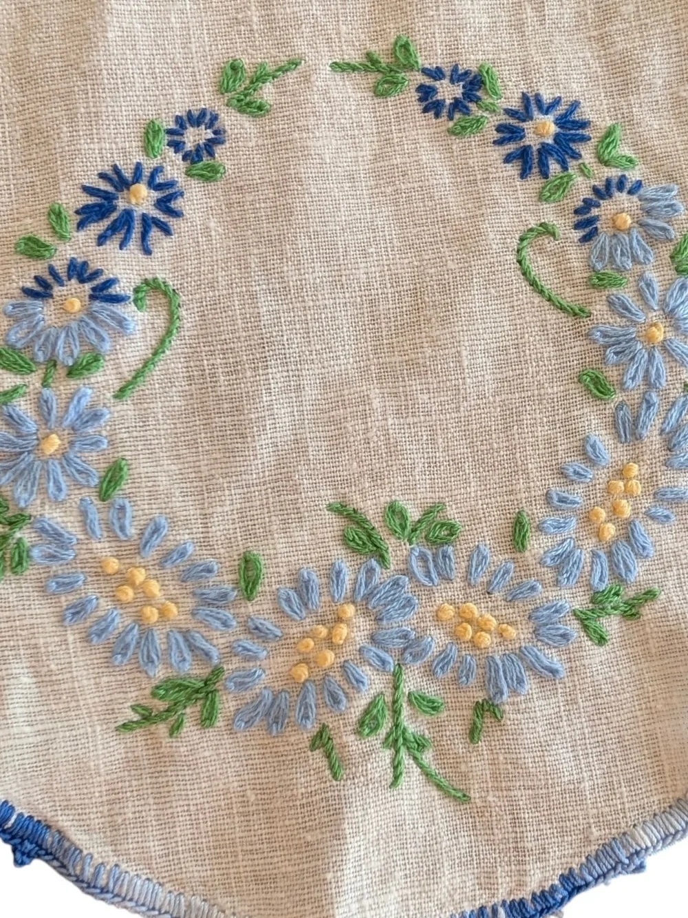 Hand-Embroidered Floral Linen Table Runner in Cream and Blue